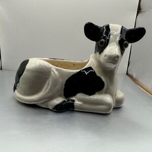 Vintage Ceramic Cow Planter Black White Holstein Spotted Figural Succulent Pot